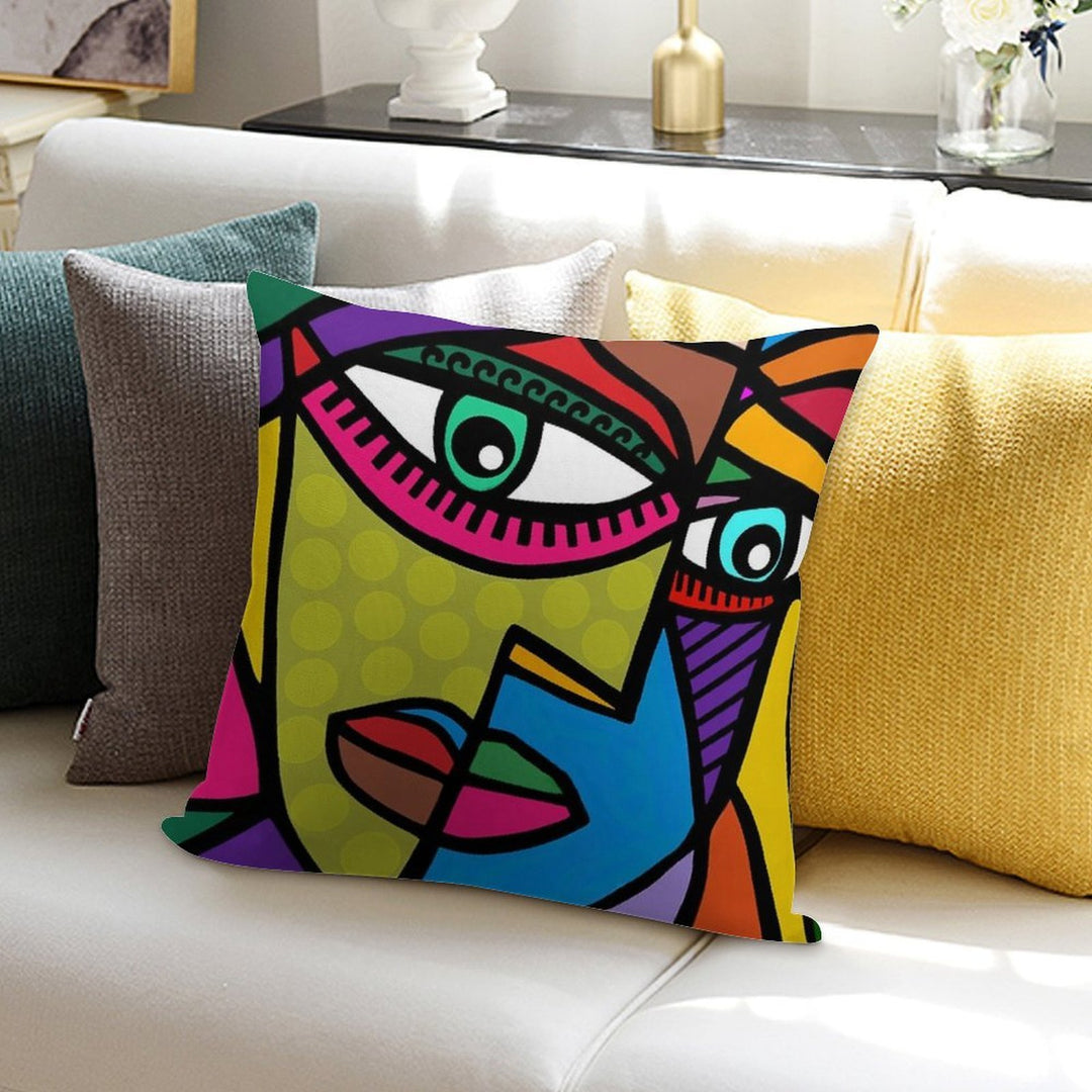 Funky Abstract Art Face with Dots And Stripes Soft Durable Construction Throw Pillow