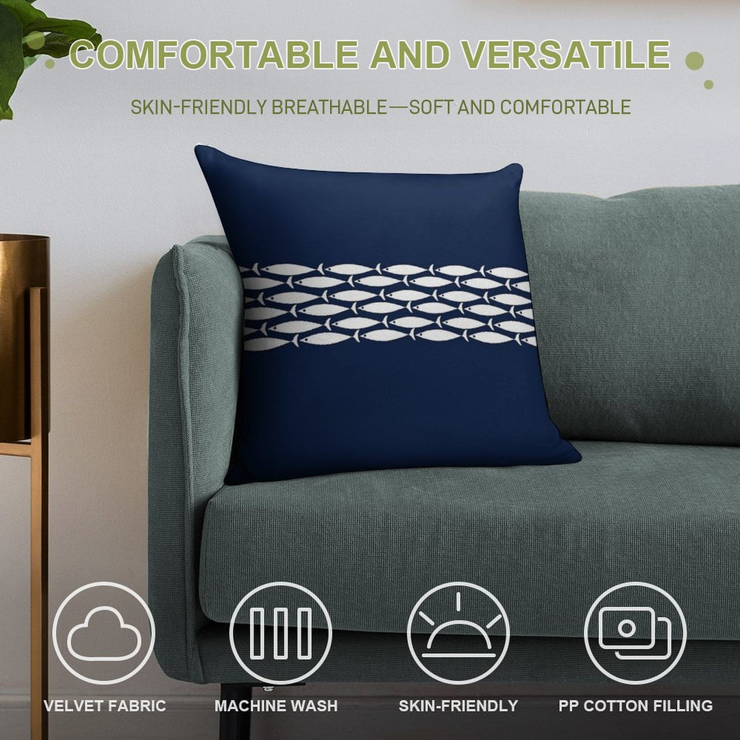 Fish Stripe 6 - Minimalist Midcentury Modern Fish in White And Nautical Navy Blue Soft Anti-Pilling Throw Pillow