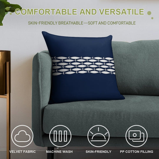 Fish Stripe 6 - Minimalist Midcentury Modern Fish in White And Nautical Navy Blue Soft Anti-Pilling Throw Pillow