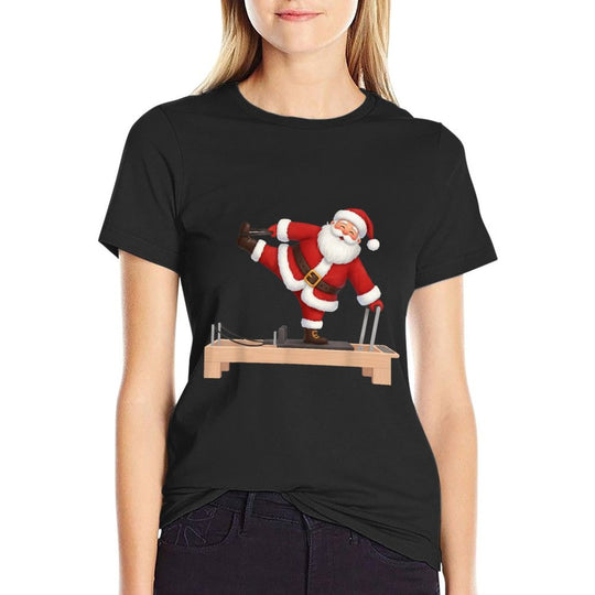 Funny Santa Doing Reformer Pilates Christmas Xmas Pilates  Ribbed Collar T-Shirt
