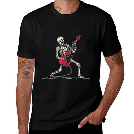 Rocker Skeleton Men Boys Bass Guitar Guitarist Halloween  High-quality Stitching T-Shirt
