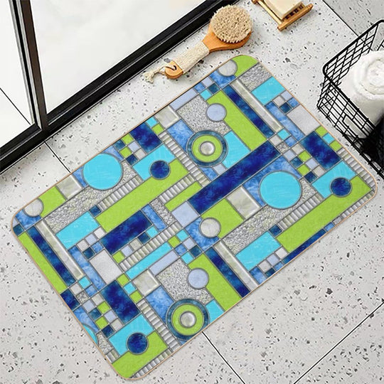 Stained Glass Window Color Blocking - Blue Green  Pet-Safe Bath Mat