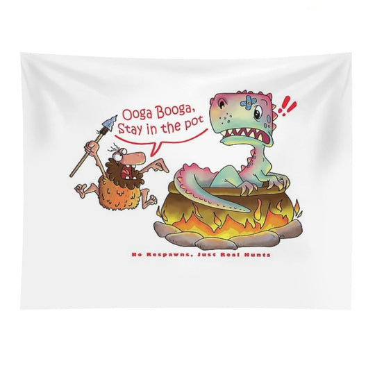 Funny Caveman Dino T-shirt - Ooga Booga Hunter Tee Tapestry