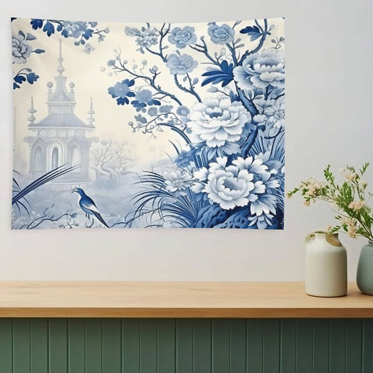 Cerulean Pastoral Pavillion Chinoiserie Tapestry
