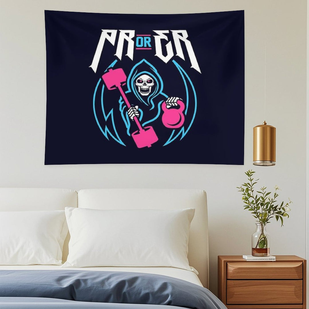 PR Or ER (Gym Reaper Kettlebell & Barbell) Funny Gym Ego Lifting Tapestry