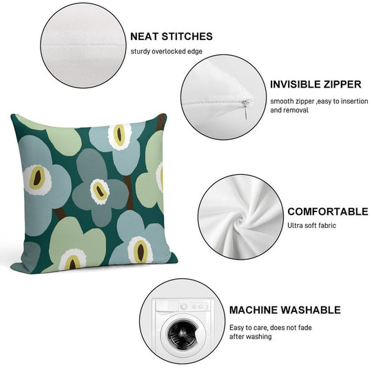 Iconic Retro Scandinavian Floral Pattern in Green And Blue Soft Short Plush Fabric Throw Pillow