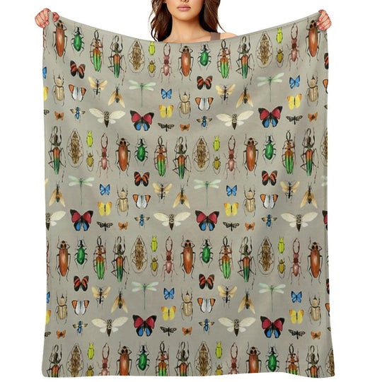 The Usual Suspects - Insects on Grey - Watercolour Bugs Pattern by Cecca Designs Plush Throw Blanket