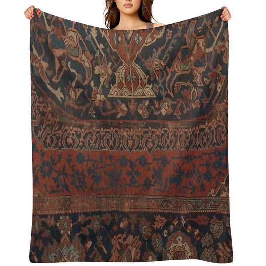 Boho Chic Dark III  17th Century Colorful Medallion Red Blue Green Brown Ornate Accent Rug Pattern Plush Throw Blanket