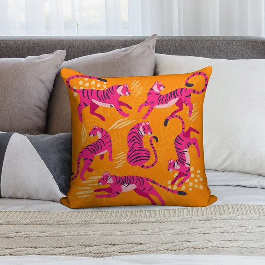 Pink Tigers on Orange Soft High-Density Material Throw Pillow