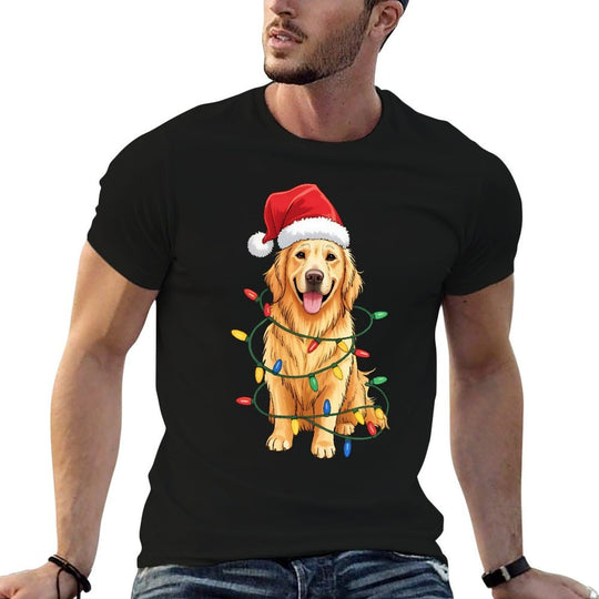 Santa Hat Golden Retriever Christmas Tree Light Xmas Pajama  Breathable T-Shirt