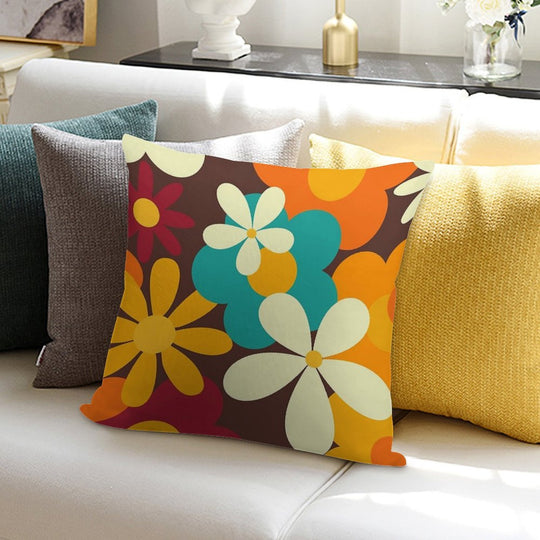 Retro 70s Classic Colors Flower Power Seamless Repeat Pattern Print Soft Durable Construction Throw Pillow