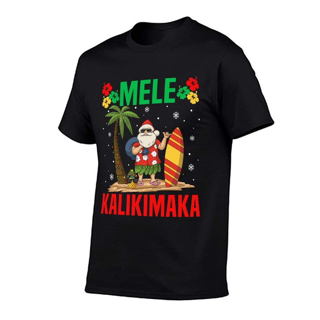 Mele Kalikimaka Tropical Christmas Hawaiian Xmas Santa Claus  Ribbed Collar T-Shirt