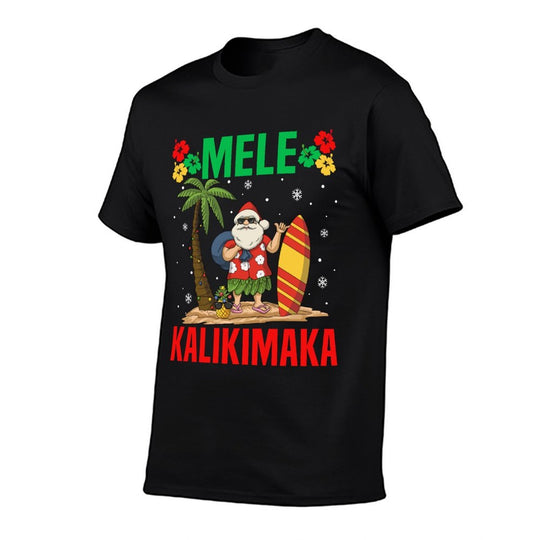 Mele Kalikimaka Tropical Christmas Hawaiian Xmas Santa Claus  Ribbed Collar T-Shirt