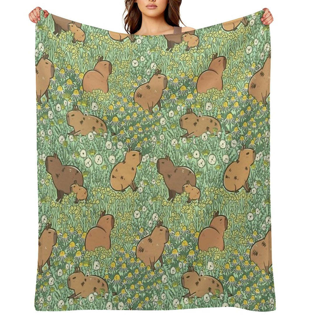 Capybaras Meadow in Green And Yellow Versatility Throw Blanket