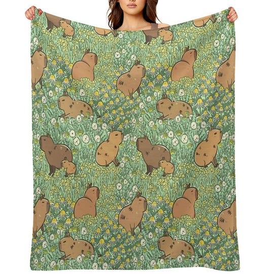 Capybaras Meadow in Green And Yellow Versatility Throw Blanket