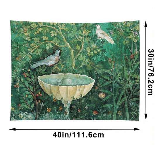 POMPEII COLLECTION,LITTLE BIRDS,DOVES AND FOUNTAIN  IN GARDEN ,GREEN FLORAL Tapestry
