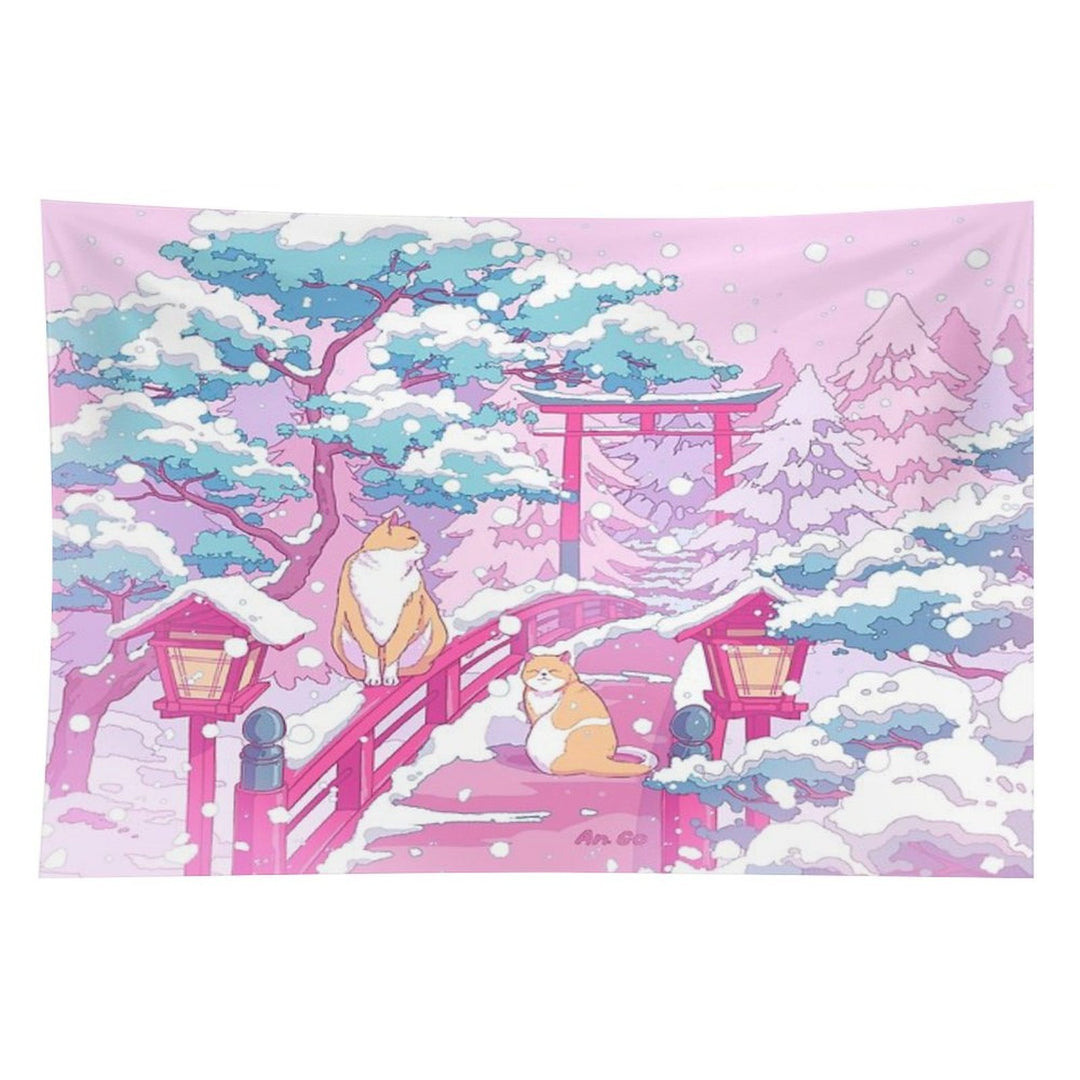 The Japanese Winter Shrine And Cute Cats Tapestry