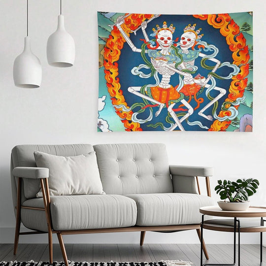 Citipati Tibetan Buddhist Thangka - Dancing Skeletons - Poster Tapestry