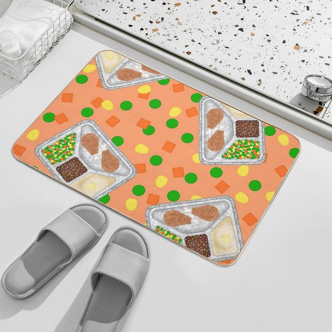 Retro 80’s TV Dinner Tray Food Fried Chicken Peas Corn Carrots On Light Pastel Orange Peach  Rapid-Drying Bath Mat