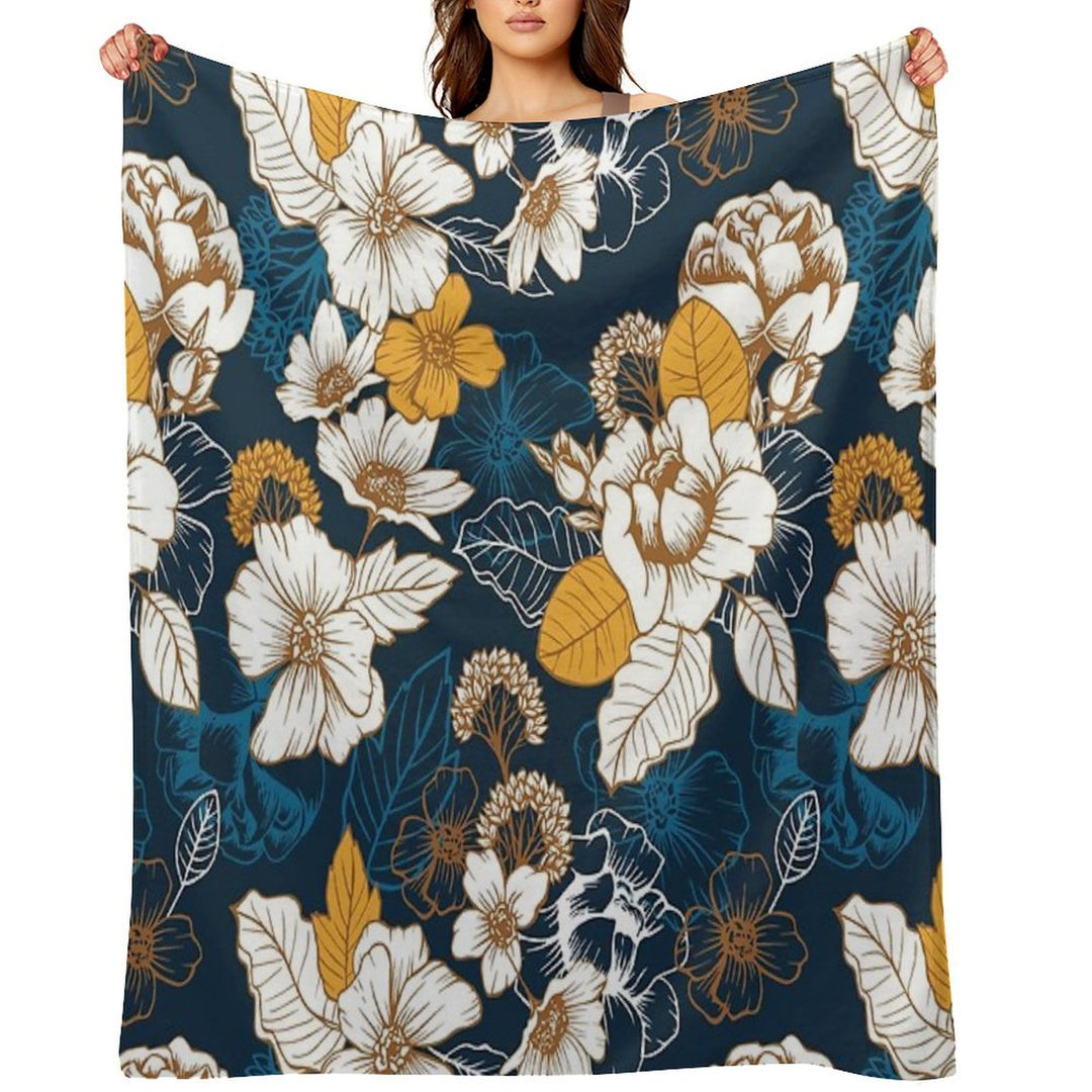 Navy And Gold Peony And Blossom Seamless Pattern Sustainable Throw Blanket