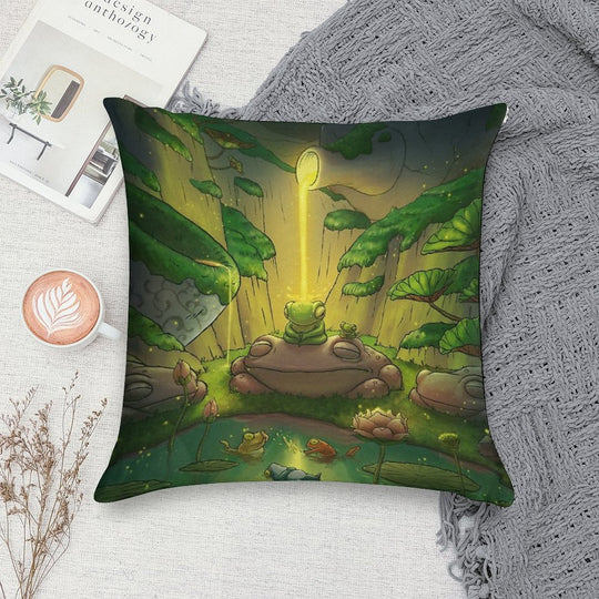 Tea Time Frog Meditation Asian Artwork Illustration Soft Shrink-Resistant Throw Pillow