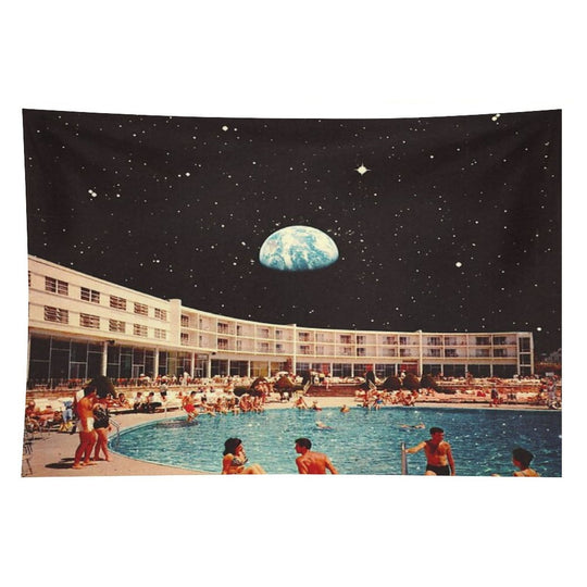 Lunar Pool Life - Retro-Futuristic Holiday Resort, Science Fiction Collage Tapestry