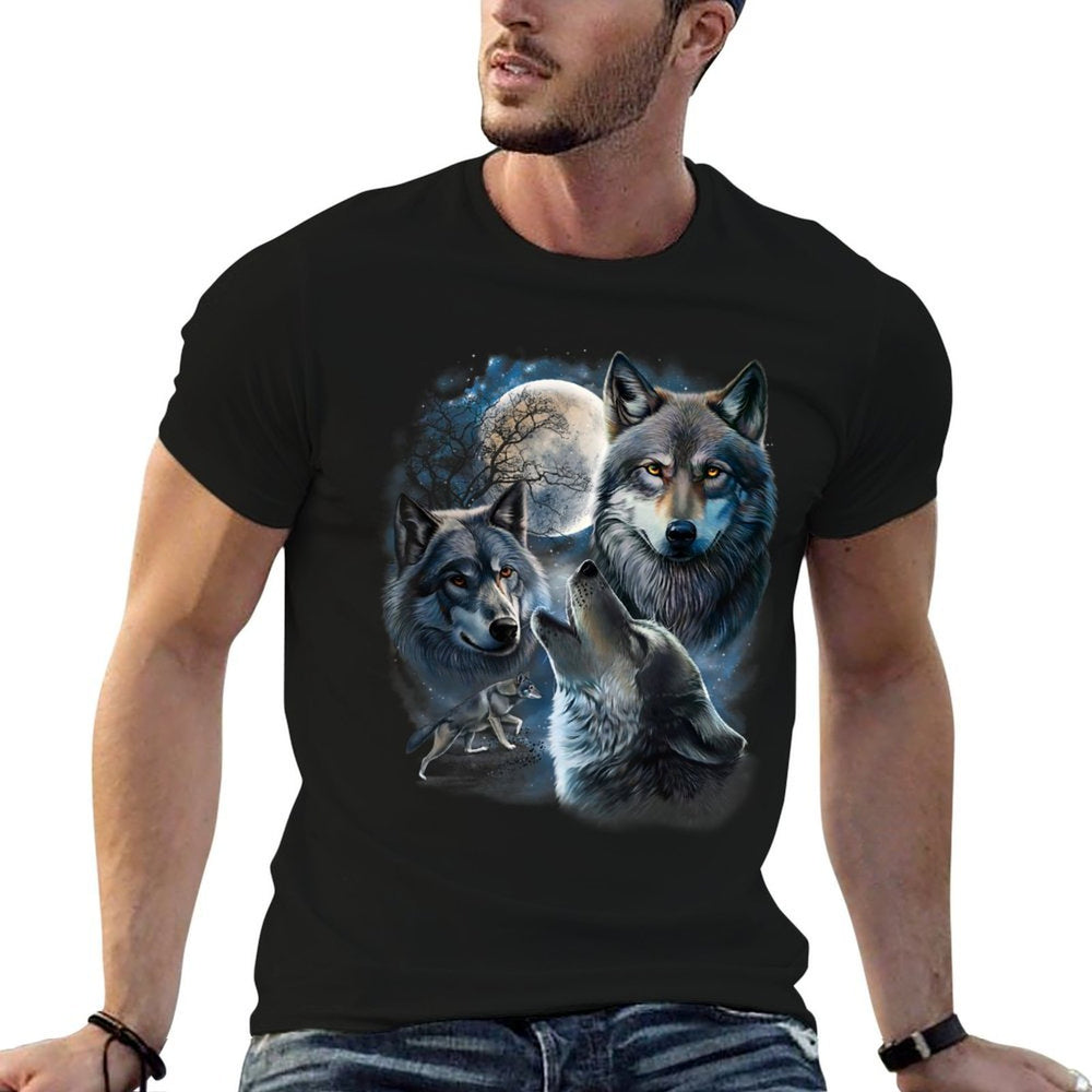 Grey Wolf Under Full Moon, Space, Galaxy, And Stars  Slim-fit Cut T-Shirt