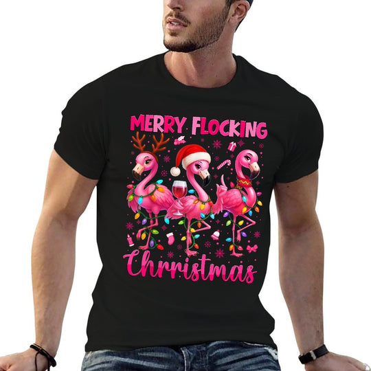 Merry Flocking Christmas Flamingo Drink Pjs Xmas Men  Easy-care T-Shirt
