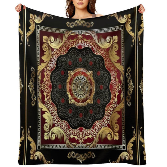 Ornate Baroque Filigree Red Black Gold Greek Key Meander Gift-ready Throw Blanket