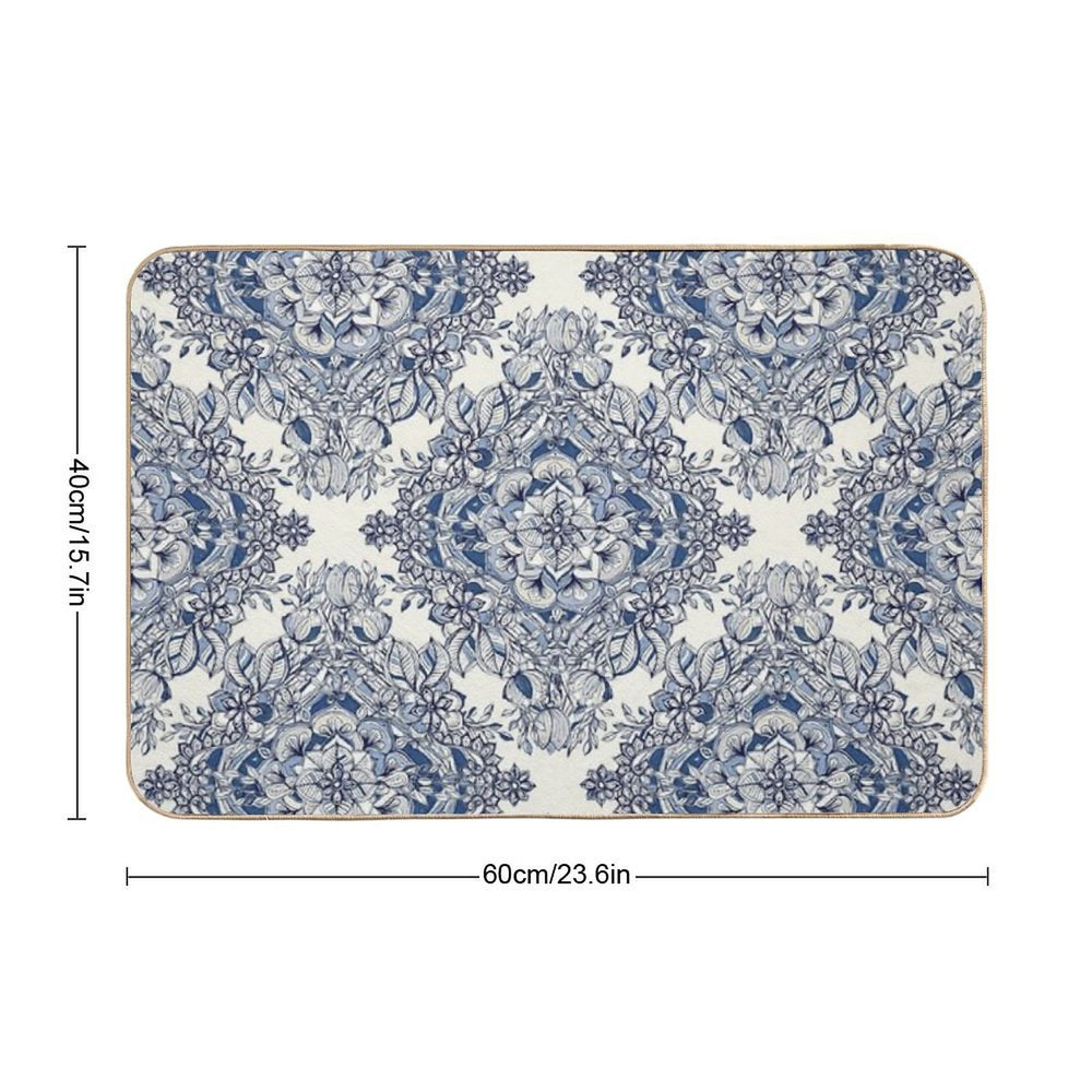 Floral Diamond Doodle in Dark Blue And Cream  Absorbent Bath Mat