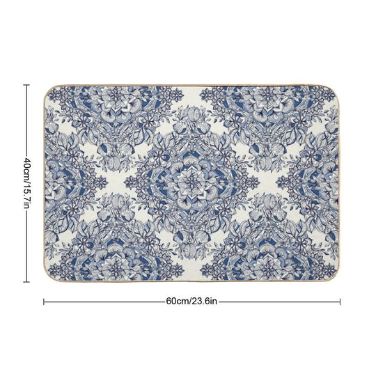 Floral Diamond Doodle in Dark Blue And Cream  Absorbent Bath Mat