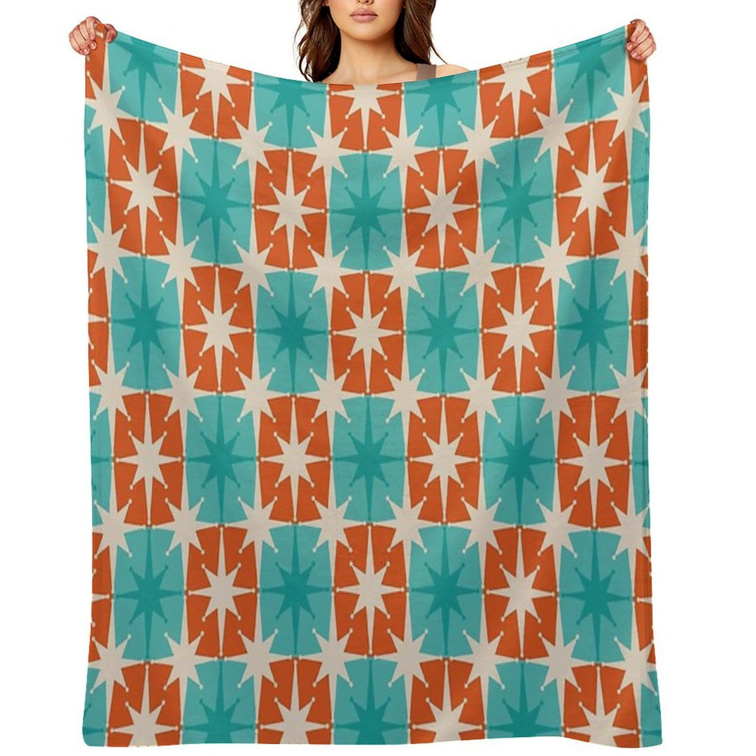 Mid Century Modern Atomic Stars Retro Checkered Starburst Pattern in Teal Turquoise Orange Plush Throw Blanket