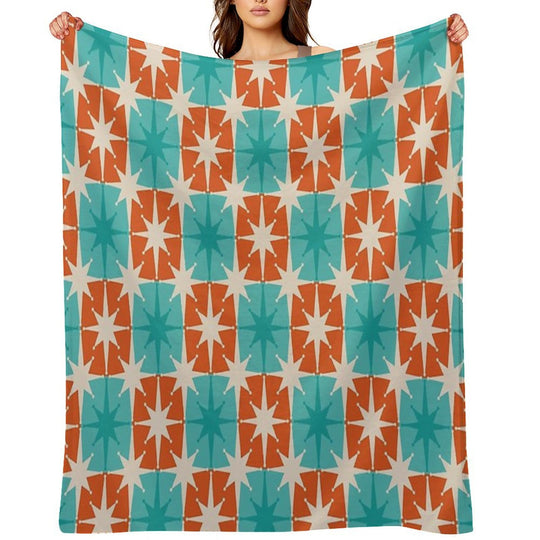 Mid Century Modern Atomic Stars Retro Checkered Starburst Pattern in Teal Turquoise Orange Plush Throw Blanket
