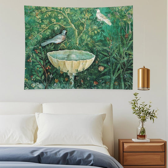 POMPEII COLLECTION,LITTLE BIRDS,DOVES AND FOUNTAIN  IN GARDEN ,GREEN FLORAL Tapestry