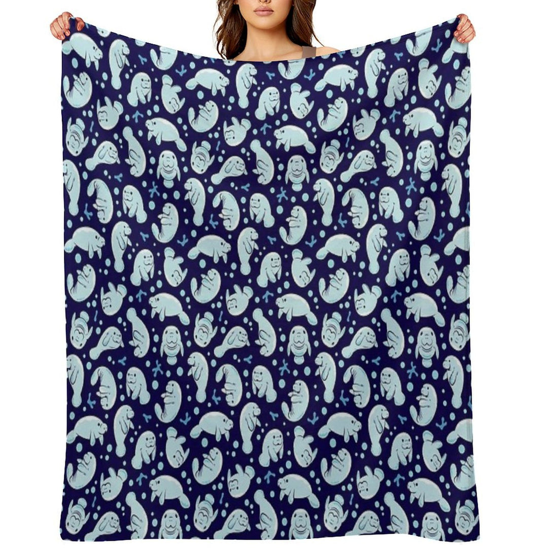 Cute Manatee Pattern - Blue Underwater Pattern Travel-friendly Throw Blanket