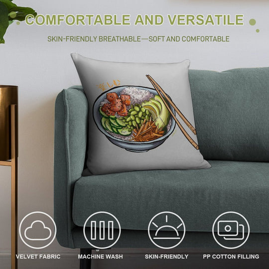 Poke Bowl with Salmon And Fresh Vegetables Soft Washable Throw Pillow