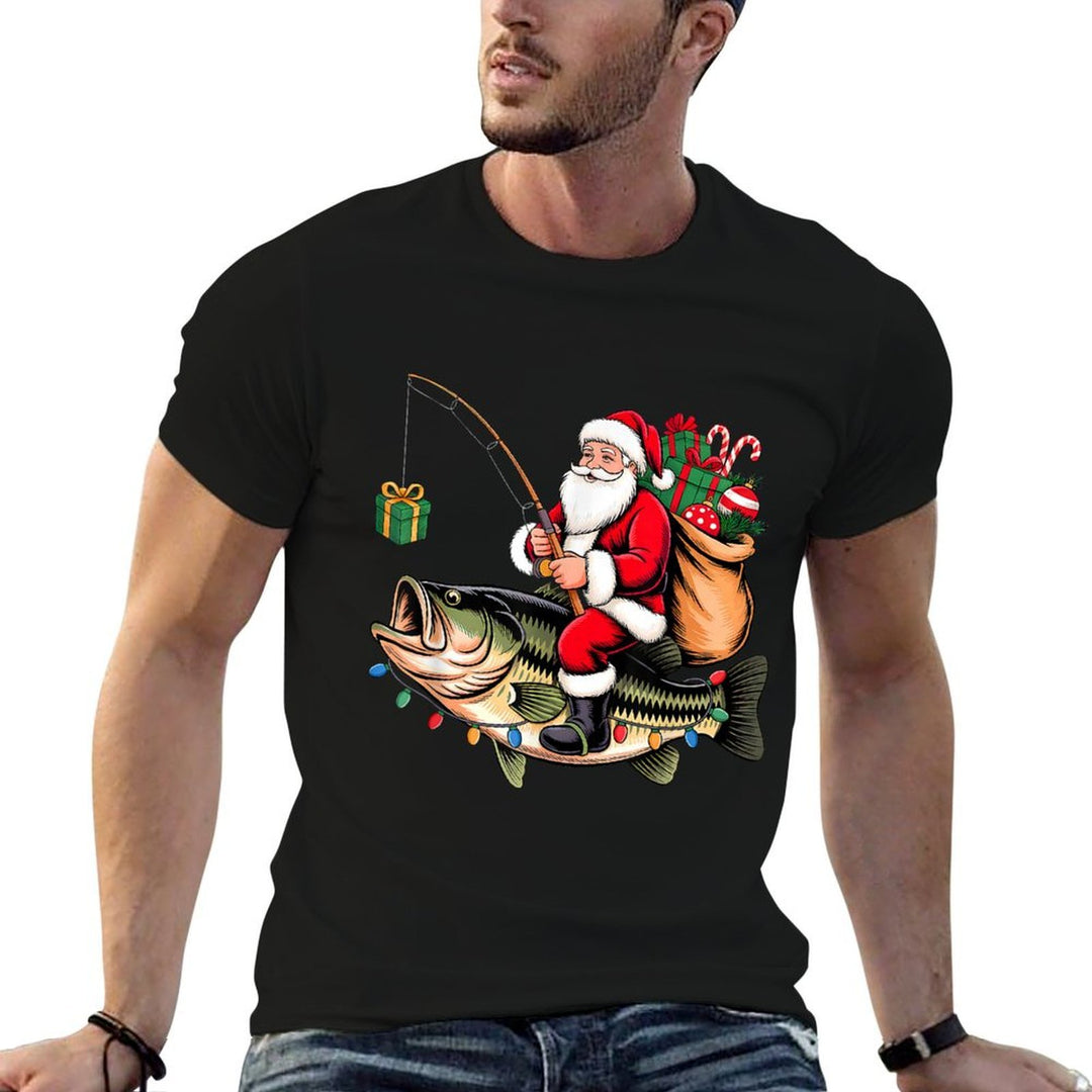 Santa Riding Bass Fish Christmas Fishing Funny Xmas Pajamas  Heathered Texture T-Shirt