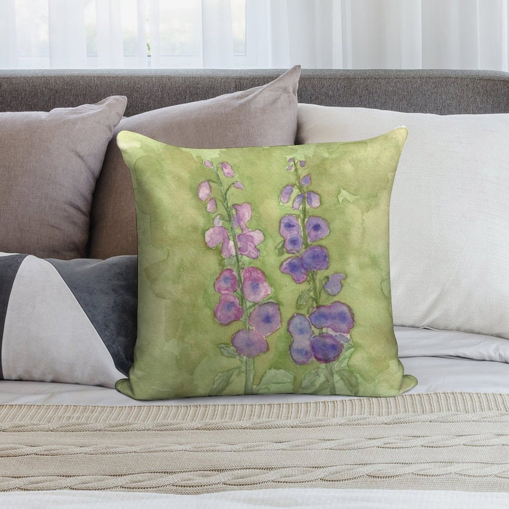 Hollyhock Foxglove Watercolor Muted Tones Soft Multiple Sizes Throw Pillow