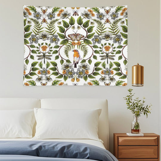 Spring Reflection - FloralBotanical Pattern W Birds, Moths, Dragonflies & Flowers Tapestry