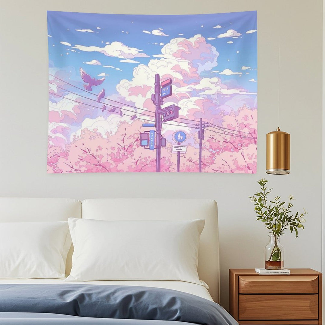 The Beautiful Sky, Traffic Lights, And Pigeons Tapestry