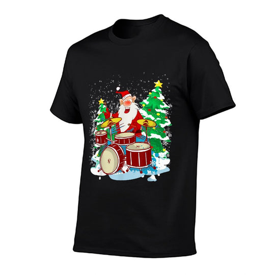 Funny Christmas Santa Playing The Drums Crazy Drummer Xmas  Rolled Sleeves T-Shirt