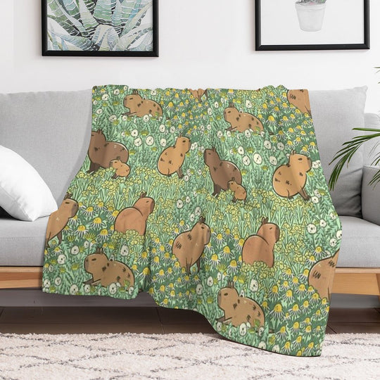 Capybaras Meadow in Green And Yellow Versatility Throw Blanket