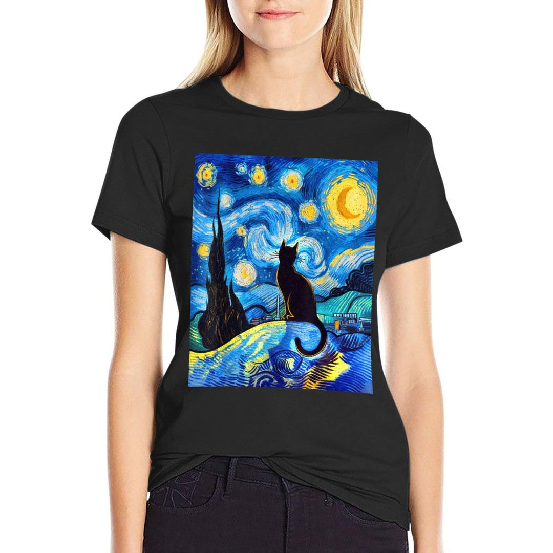 Black Cat on A Starry Night – Cat Lover Funny Van Gogh  Breathable T-Shirt
