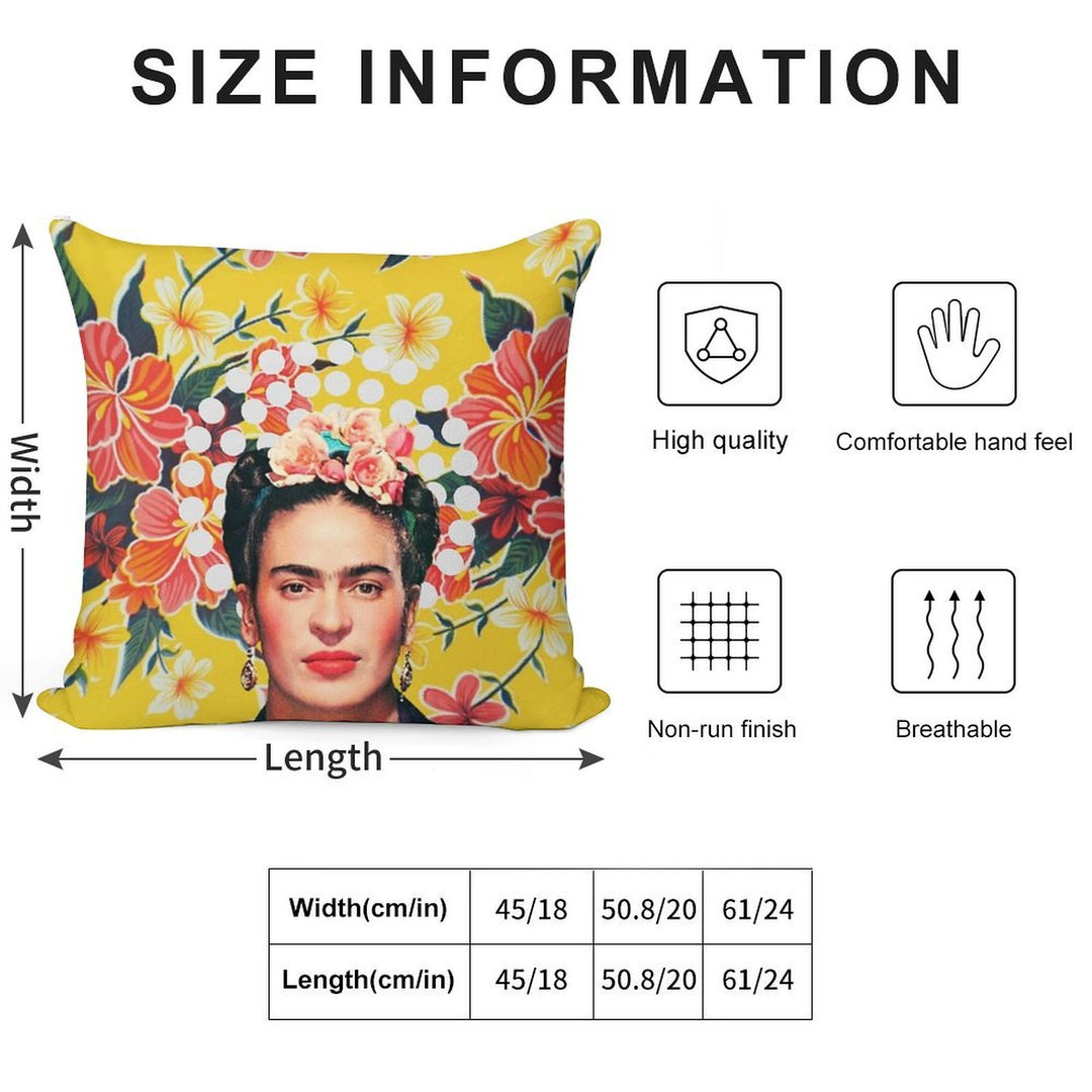 Frida Kahlo Print, Flowers, Color on Ocher Mexican Tablecloth Soft Bedroom Essential Throw Pillow