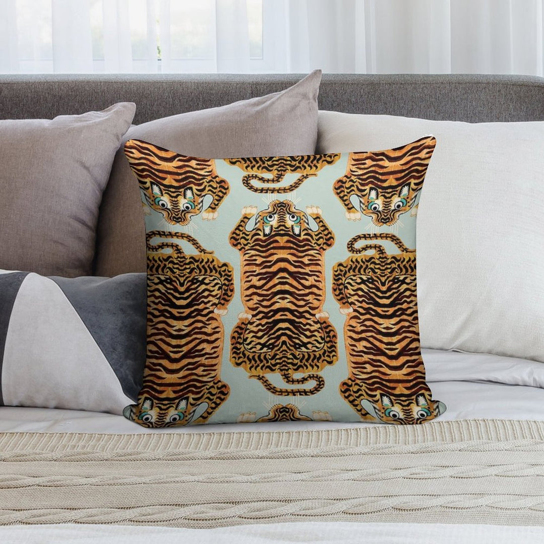 Cute Golden Tibetan Tiger Rug in Sage Soft High-Density Material Throw Pillow