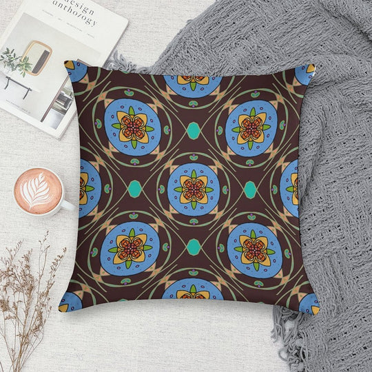 Grannie’s Tile (Bold Folk Art Floral Mandala Pattern, Retro Stained Glass Style) Soft Decorative Cover Throw Pillow