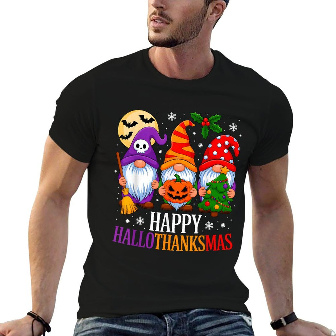 Happy HalloThanksMas Gnomes Halloween Thanksgiving Christmas  Summer-ready Fabric T-Shirt