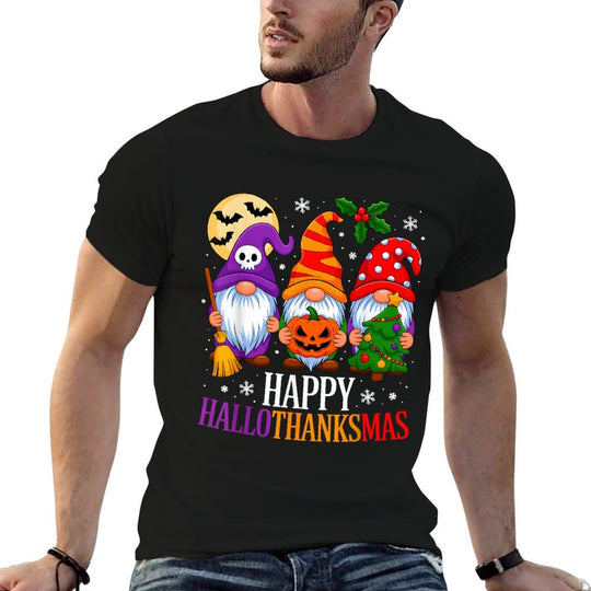 Happy HalloThanksMas Gnomes Halloween Thanksgiving Christmas  Summer-ready Fabric T-Shirt