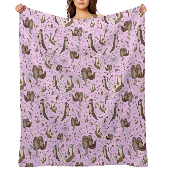 Otters in Pink Travel-friendly Throw Blanket