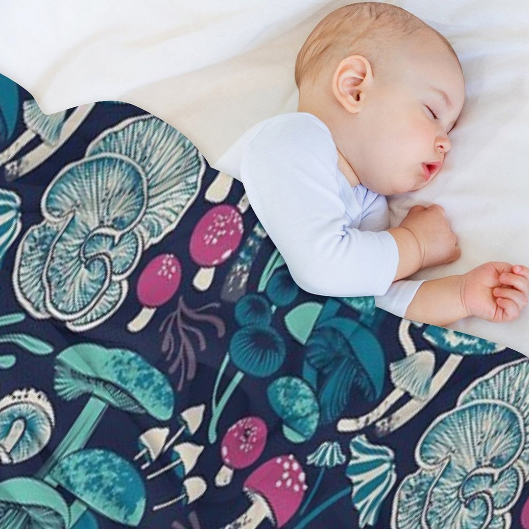 Mystical Fungi  Midnight Blue Background Mint Teal And Dark Pink Wild Mushrooms Easy Care Throw Blanket